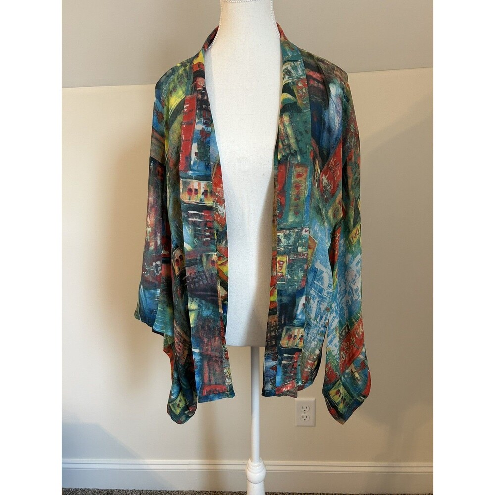 Chicos M/L Womens Silk Boho Open Front Jacket Kimono Colorful Bold Art To Wear